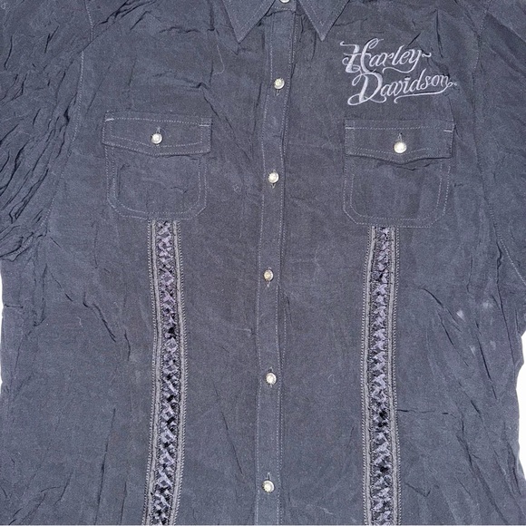 Harley Davidson Collar 3/4 Sleeve Graphic Blouse Size Medium - Picture 8 of 9